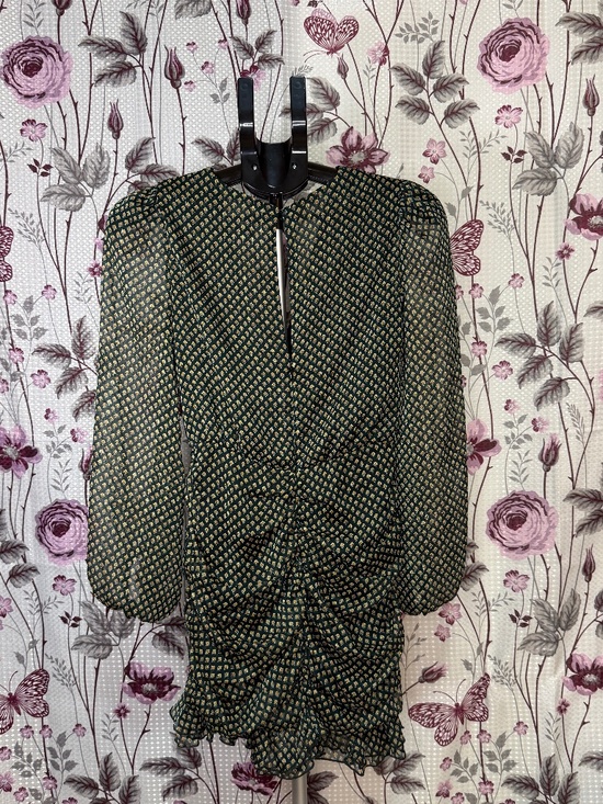ZARA Green Floral Ruched Dress Mini Puff Sleeve Size S - Picture 3 of 9
